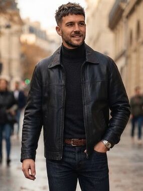 St. John's Bay Black Genuine Leather Quilted Lined Jacket Size LT Classic Moto